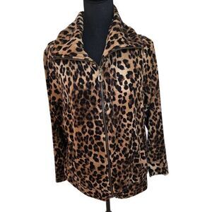 Onque Casuals Womens Leopard Print Cotton Velour Zip Up Jacket Size Medium